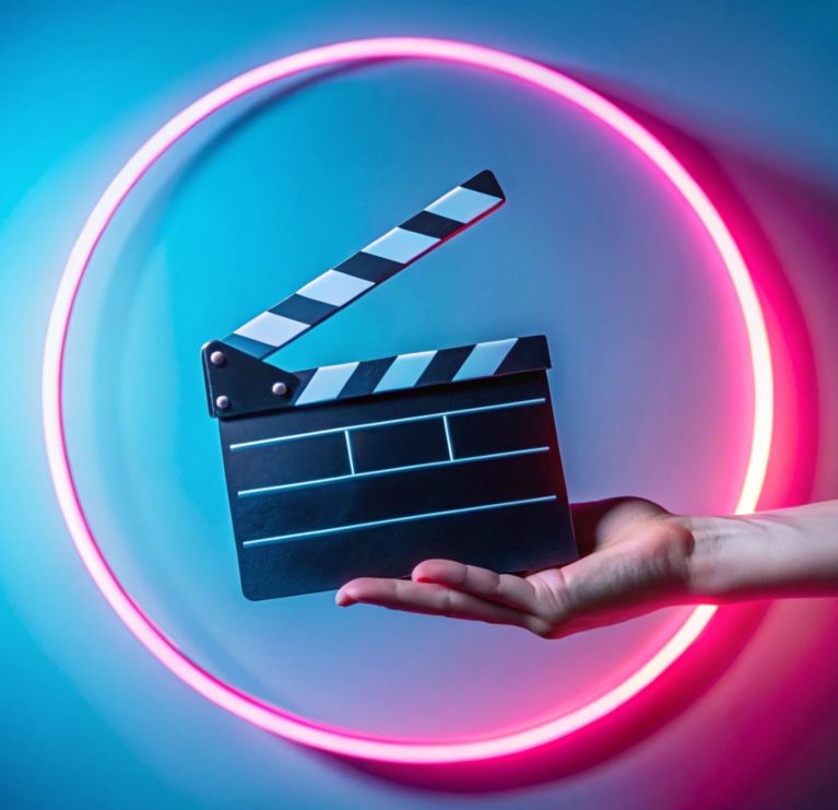 Hand is holding Black clapper board or movie slate on a blue background with a circular light, illuminated with pink neon light. Cinema industry, entertainment.